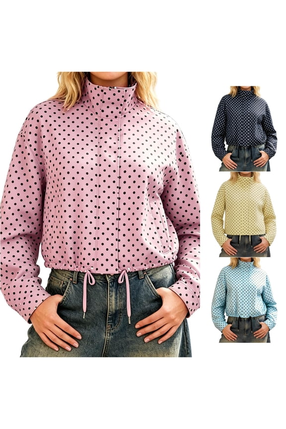 Retro Polka Dot Stand Collar Jacket for Women, Drawstring Hem, Long Sleeve Cropped Casual Polyester Outerwear, 1 Piece, S-L