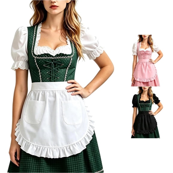 Jane Wardrobe Ruffle Hem Pocket Dirndl Apron Skirt Women Oktoberfest Adjustable Tie Waist Costume Half Apron 1PC One Size