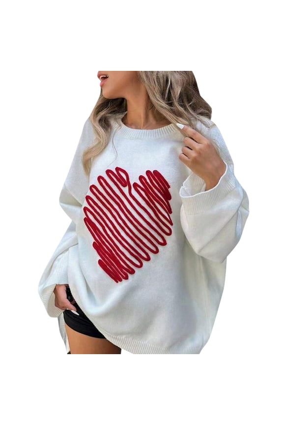Scribble Heart Embroidery Oversized Knit Sweater Women Loose Valentine Fall Layering Pullover 1PC S-M-L