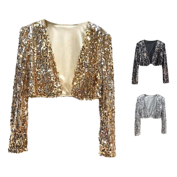 Jane Wardrobe Sequin Cropped Blazer for Women, Open Front Long Sleeve, Sparkly Party Vacation Short Outerwear, 1 Piece, S-XL