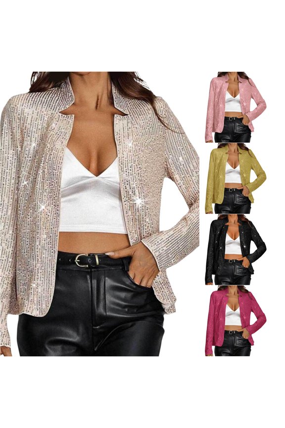 Sequin Open Front Blazer Jacket for Women, Stand Collar Long Sleeve Cropped, Sparkly Casual Party Outerwear, 1 Piece, S-XXL, Plus Size Friendly