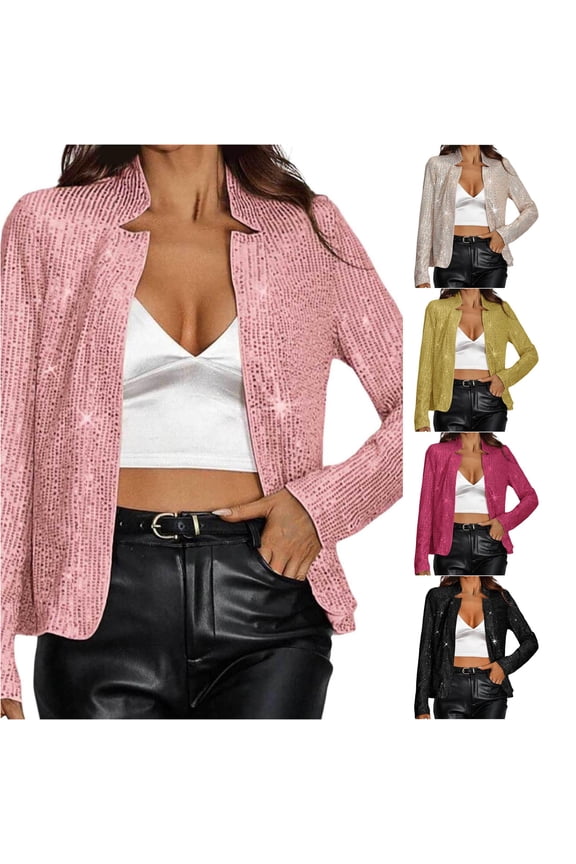 Sequin Open Front Blazer Jacket for Women, Stand Collar Long Sleeve Cropped, Sparkly Casual Party Outerwear, 1 Piece, S-XXL, Plus Size Friendly