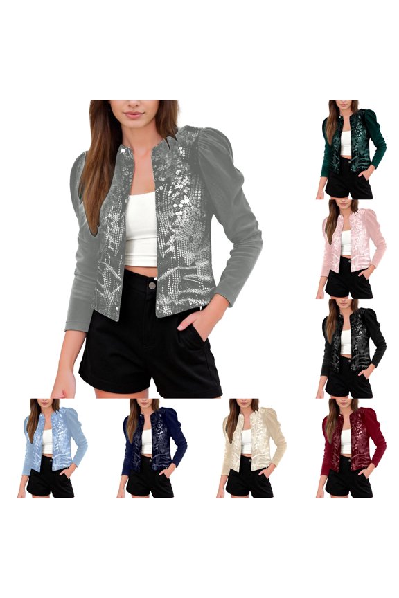 Sequin Panel Puff Sleeve Jacket for Women, Velvet Contrast Open Front, Cropped Elegant Party Outerwear, 1 Piece, S-XXL, Plus Size Friendly