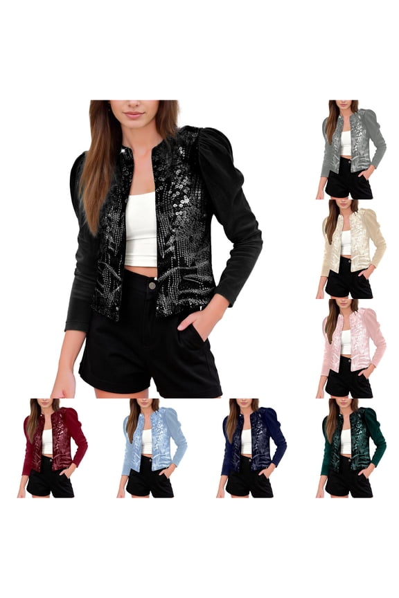 Sequin Panel Puff Sleeve Jacket for Women, Velvet Contrast Open Front, Cropped Elegant Party Outerwear, 1 Piece, S-XXL, Plus Size Friendly
