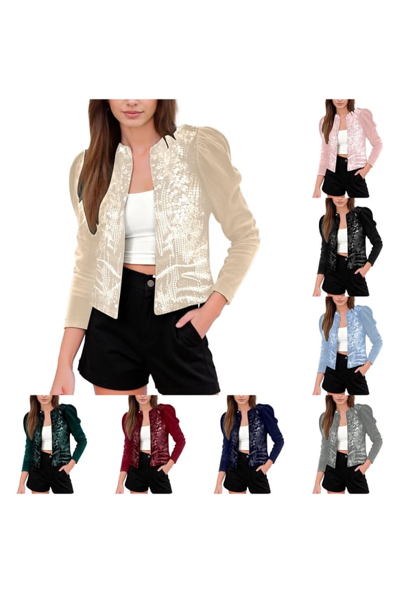 Sequin Panel Puff Sleeve Jacket for Women, Velvet Contrast Open Front, Cropped Elegant Party Outerwear, 1 Piece, S-XXL, Plus Size Friendly