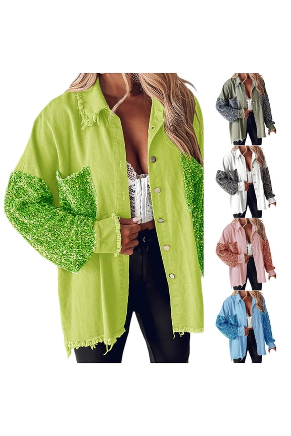Sequin Patchwork Denim Jacket for Women, Oversized Frayed Hem, Button Front Long Sleeve Fashion Outerwear, 1 Piece, S-XXL, Plus Size Friendly