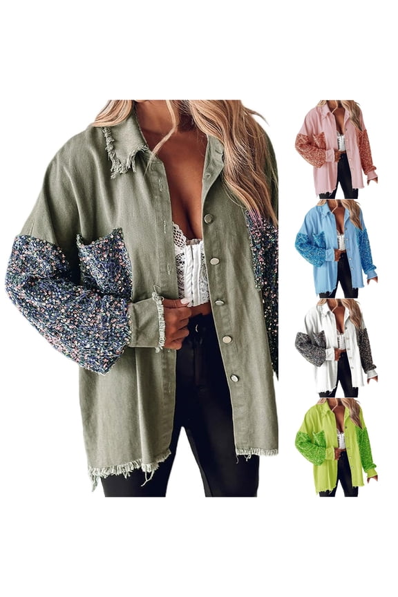 Sequin Patchwork Denim Jacket for Women, Oversized Frayed Hem, Button Front Long Sleeve Fashion Outerwear, 1 Piece, S-XXL, Plus Size Friendly