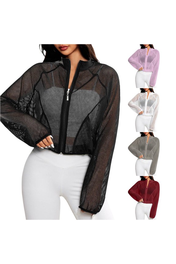 Sheer Mesh Cropped Yoga Jacket for Women, Stand Collar Full Zip Closure, Lightweight Breathable Casual Athletic Cover Up, 1 Piece, S-XL