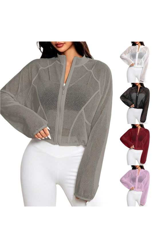 Sheer Mesh Cropped Yoga Jacket for Women, Stand Collar Full Zip Closure, Lightweight Breathable Casual Athletic Cover Up, 1 Piece, S-XL