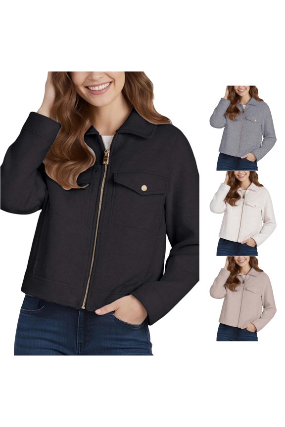 Soft Brushed Collared Zip Up Jacket for Women, Chest Pockets Long Sleeve, Elegant Casual Fall Outerwear, 1 Piece, XS-L