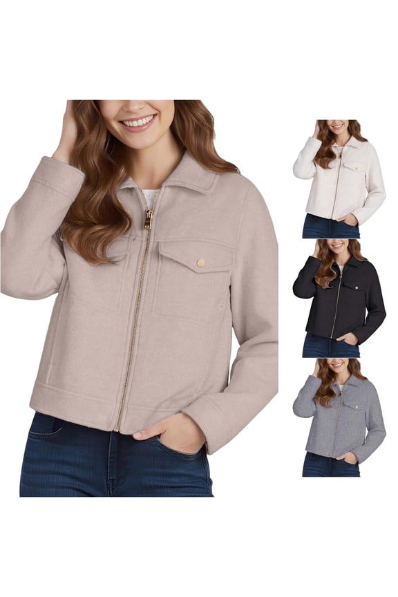 Soft Brushed Collared Zip Up Jacket for Women, Chest Pockets Long Sleeve, Elegant Casual Fall Outerwear, 1 Piece, XS-L