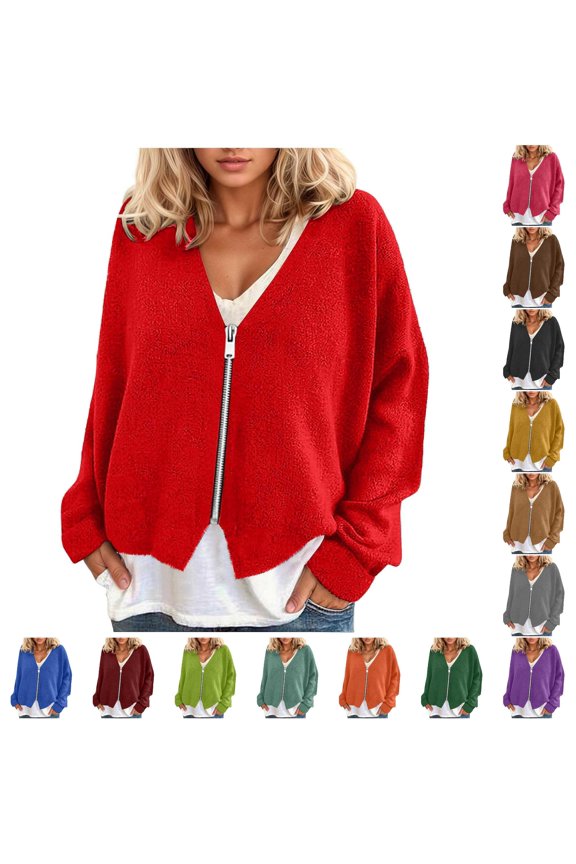 Soft Brushed Zip Up V-Neck Jacket for Women, Long Sleeve Relaxed Fit, Casual Fall Layering Outerwear, 1 Piece, S-XXL, Plus Size Friendly