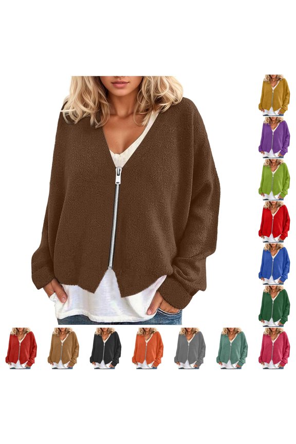 Soft Brushed Zip Up V-Neck Jacket for Women, Long Sleeve Relaxed Fit, Casual Fall Layering Outerwear, 1 Piece, S-XXL, Plus Size Friendly