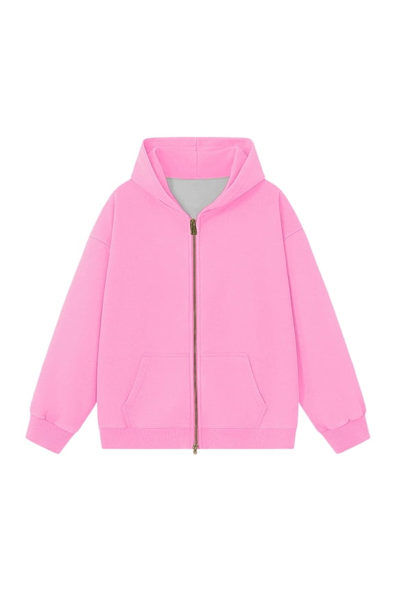 Solid Pink Double Zipper Zip Up Hoodie Women's Oversized Pocket Air Layer Layering Jacket 1PC S-XXL Plus Size Friendly