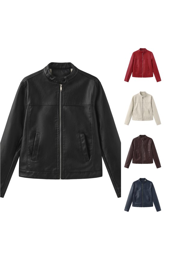 Stand Collar Faux Leather Moto Jacket for Women, Zip Up Long Sleeve, Slim Fit Fall Outerwear, 1 Piece, XS-XXL, Plus Size Friendly