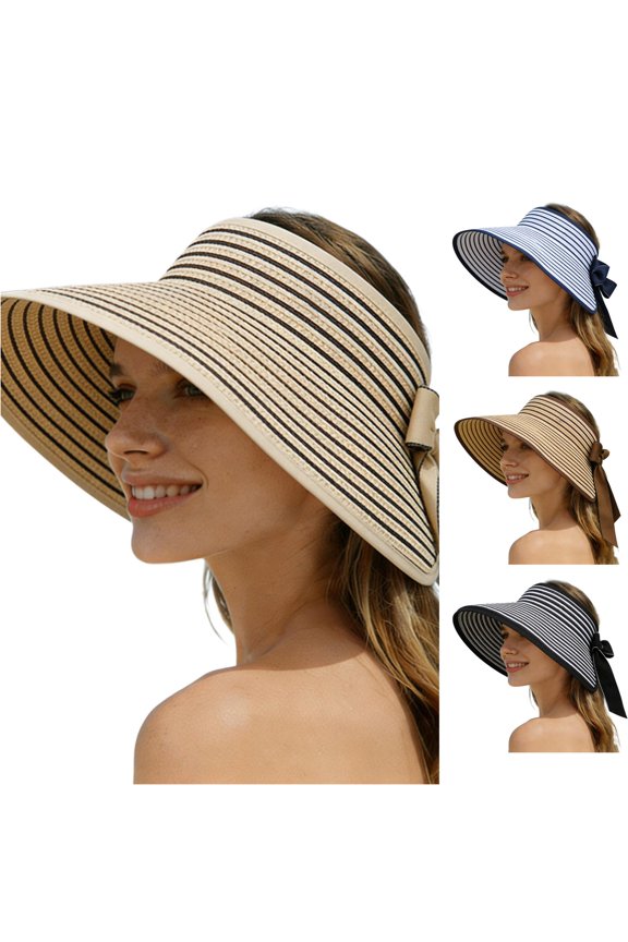 Striped Bow Tie Sun Visor Hat for Women, Wide Brim Foldable, UPF 50+ UV Protection Beach Hat, 1 Piece, One Size