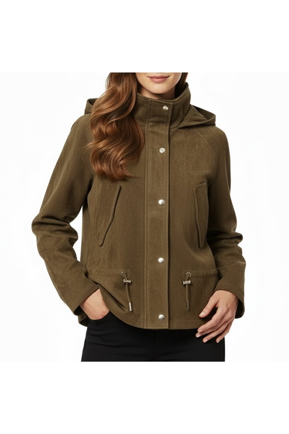 Suede Effect Hooded Jacket for Women, Stand Collar Button Front, Waist Drawstring Fall Outerwear, 1 Piece, XS-L