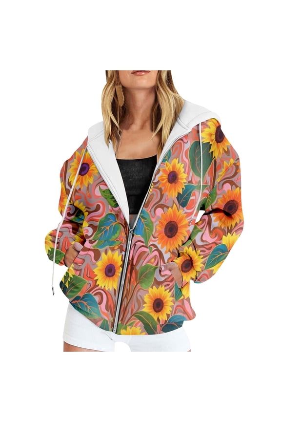 Sunflower Swirl Print Zip Up Hoodie Women's Drawstring Oversized Long Sleeve Pocket Layering Jacket 1PC S-XXXXXL Plus Size Friendly