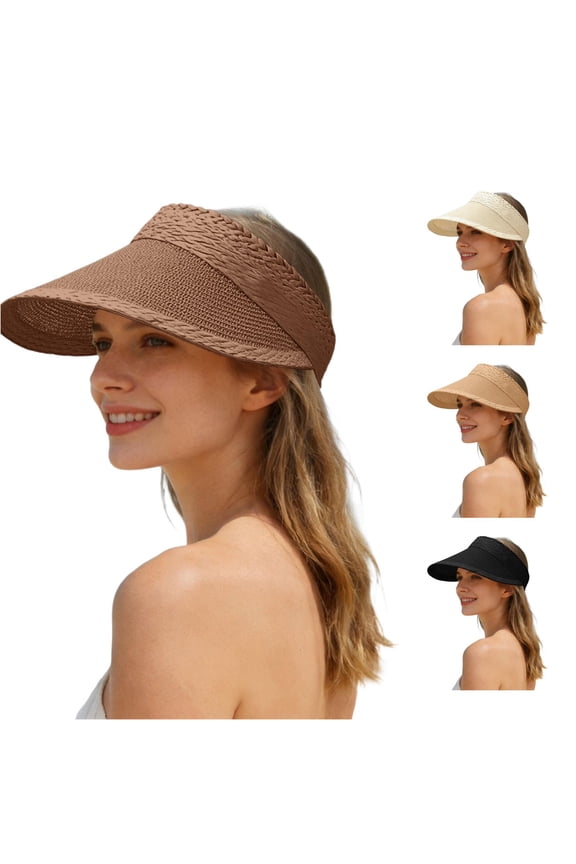 Textured Woven Straw Sun Visor for Women, Wide Brim Breathable, UPF 50+ UV Protection Beach Hat, 1 Piece, One Size