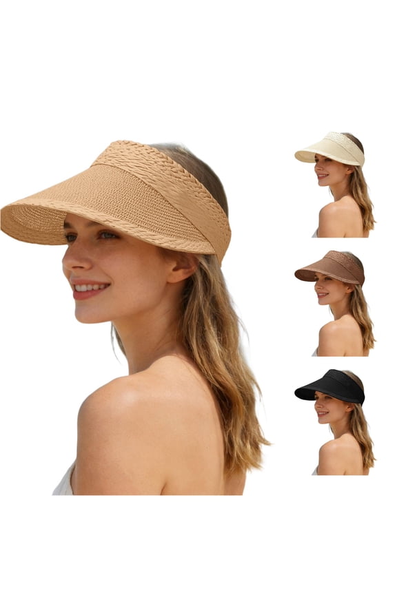 Textured Woven Straw Sun Visor for Women, Wide Brim Breathable, UPF 50+ UV Protection Beach Hat, 1 Piece, One Size