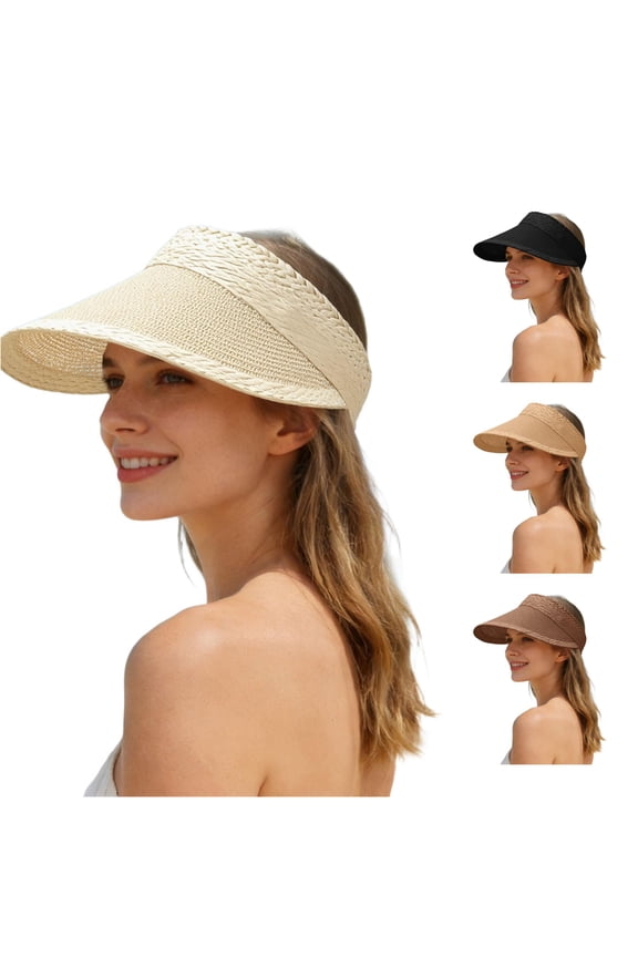 Textured Woven Straw Sun Visor for Women, Wide Brim Breathable, UPF 50+ UV Protection Beach Hat, 1 Piece, One Size