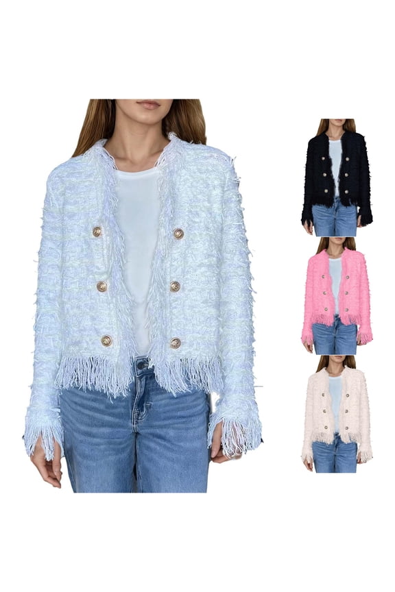 Tweed Fringe Trim Cropped Jacket for Women, Double Gold Buttons, Elegant Casual Outerwear, 1 Piece, XS-3XL, Plus Size Friendly