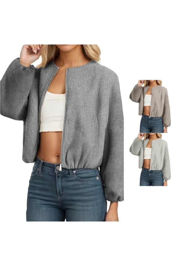 Tweed Round Neck Jacket for Women, Full Zip Long Sleeve with Pockets, Elegant Fall Winter Outerwear, 1 Piece, XS-L