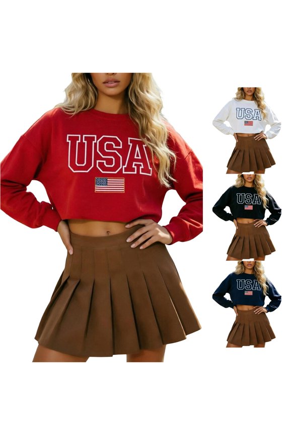 USA Flag Embroidered Cropped Crewneck Sweatshirt Women's Oversized Long Sleeve Patriotic Layering Top 1PC S-XXL Plus Size Friendly