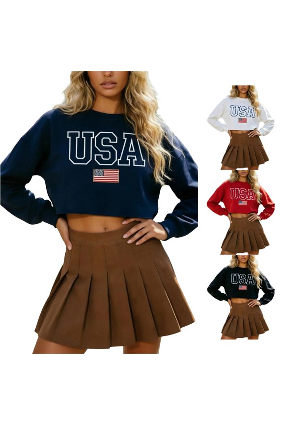 USA Flag Embroidered Cropped Crewneck Sweatshirt Women's Oversized Long Sleeve Patriotic Layering Top 1PC S-XXL Plus Size Friendly