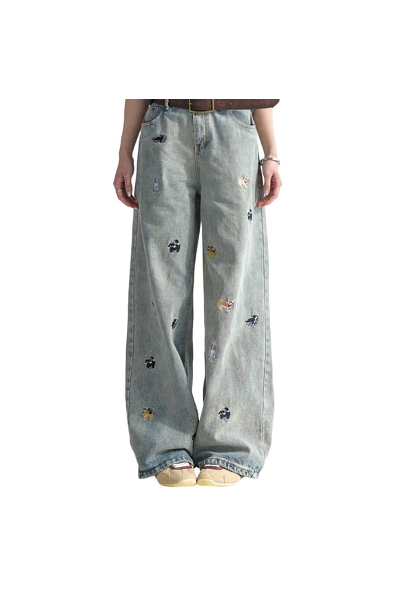 Unisex Cute Dog Embroidered Wide Leg Jeans, Vintage Washed Loose Fit Casual Trousers, Soft Denim Streetwear Pants, 1 Piece, Sizes S Through XXXL