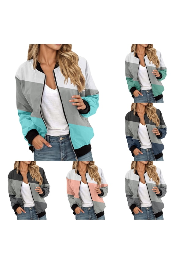 Varsity Color Block Cropped Jacket for Women, Baseball Collar Zip Up, Retro Chic Casual Outerwear, 1 Piece, XS-6XL, Plus Size Friendly