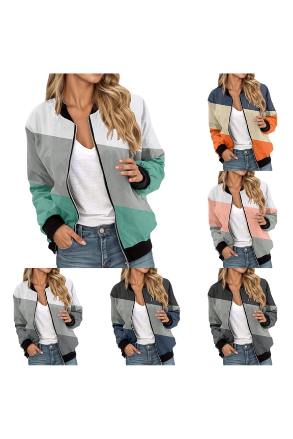 Varsity Color Block Cropped Jacket for Women, Baseball Collar Zip Up, Retro Chic Casual Outerwear, 1 Piece, XS-6XL, Plus Size Friendly