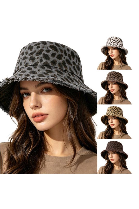 Vintage Leopard Print Bucket Hat for Women, Frayed Brim Wide Brim UV Protection Summer Hat, 1 Piece, One Size