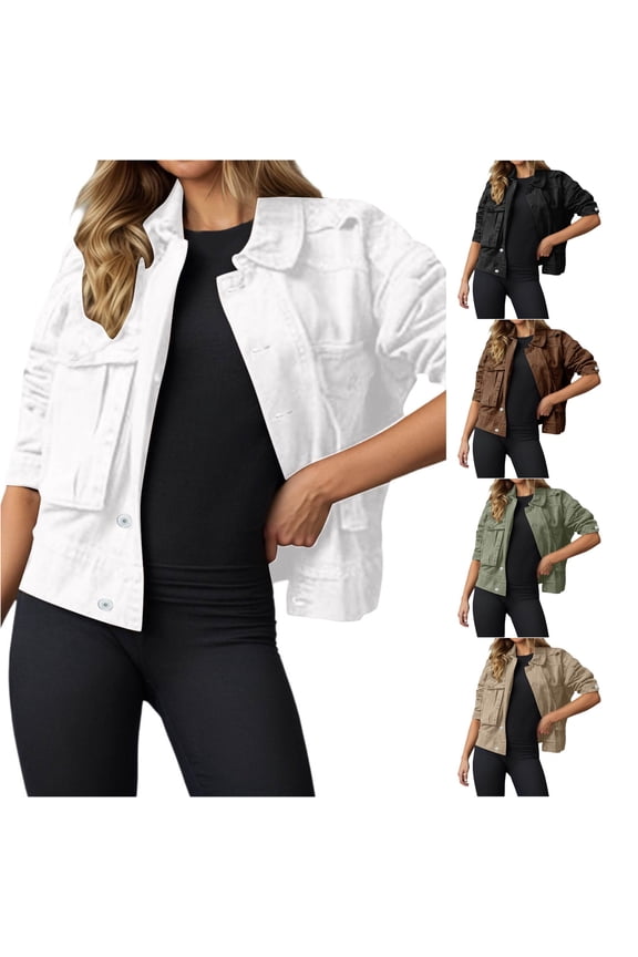 Washed Cotton Utility Jean Jacket for Women, Button Front Chest Pockets, Casual Short Fall Outerwear, 1 Piece, S-XXL, Plus Size Friendly
