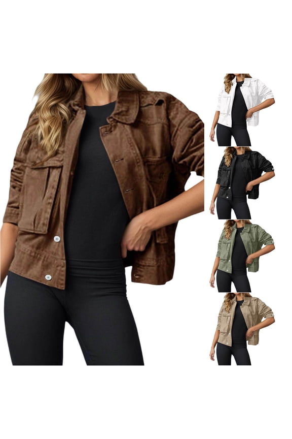 Washed Cotton Utility Jean Jacket for Women, Button Front Chest Pockets, Casual Short Fall Outerwear, 1 Piece, S-XXL, Plus Size Friendly