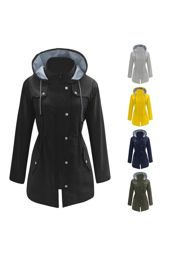 Waterproof Trench Coat for Women, Drawstring Waist Hooded Windproof Jacket, Lightweight All-Weather Outerwear, 1 Piece, S-XXL, Plus Size Friendly
