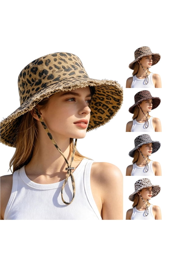 Western Cowboy Leopard Print Sun Hat for Women, Wide Brim Frayed Edge with Adjustable Chin Strap, UV Protection Summer Hat, 1 Piece, One Size