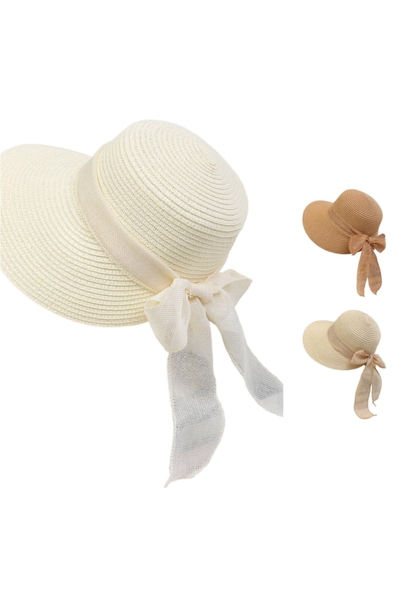 Wide Brim Straw Beach Hat for Women, Foldable with Bow Ribbon, UV Protection Summer Sun Hat, 1 Piece, One Size