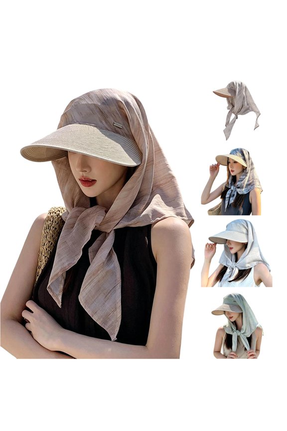Wide Brim Straw Sun Hat with Integrated Scarf, UPF 50+ UV Protection, Elegant Summer Beach Hat, 1 Piece, One Size