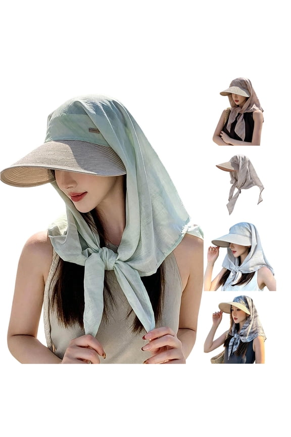 Wide Brim Straw Sun Hat with Integrated Scarf, UPF 50+ UV Protection, Elegant Summer Beach Hat, 1 Piece, One Size