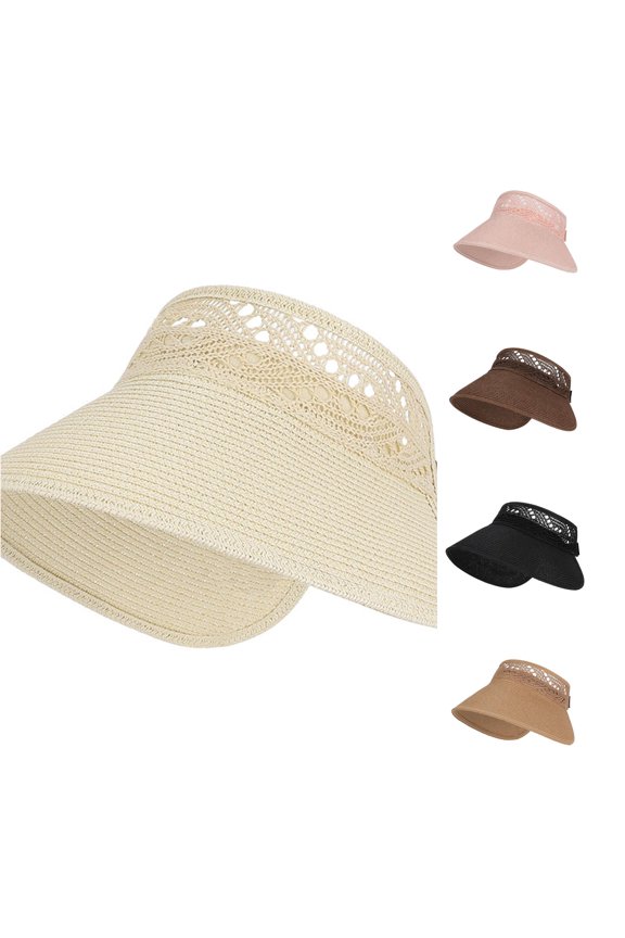 Wide Brim Straw Sun Visor for Women, Lace Hollow Out Headband, UV Protection Beach Hat, 1 Piece, One Size