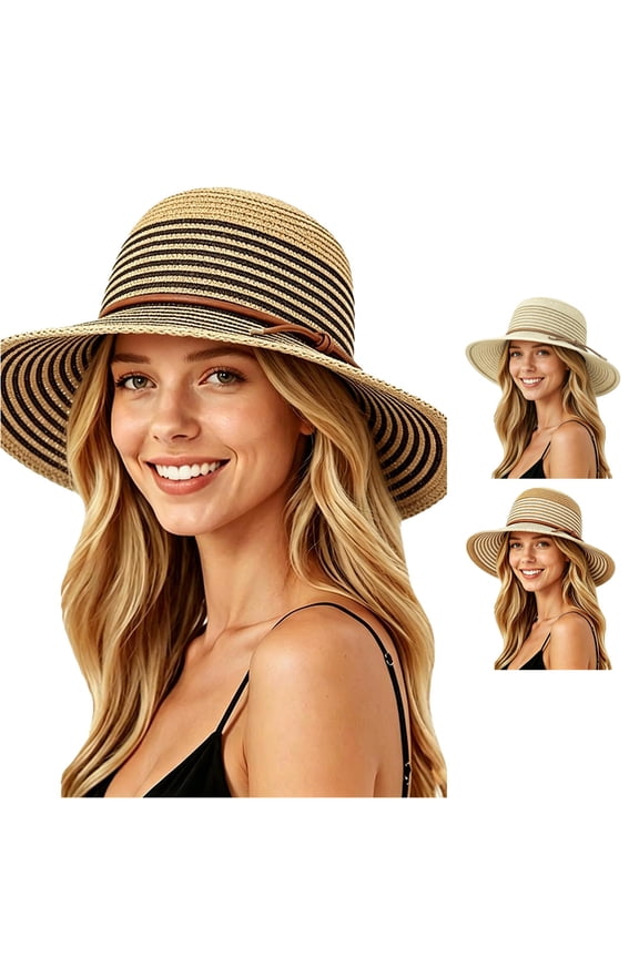 Wide Brim Striped Straw Sun Hat for Women, Leather Band UV Protection, Foldable Summer Beach Hat, 1 Piece, One Size