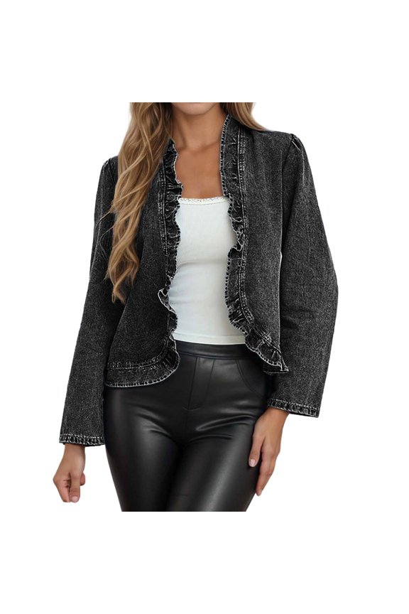 Women Buttonless Ruffle Trim Cropped Denim Jacket Light Fall Layering Outerwear 1PC S-XL
