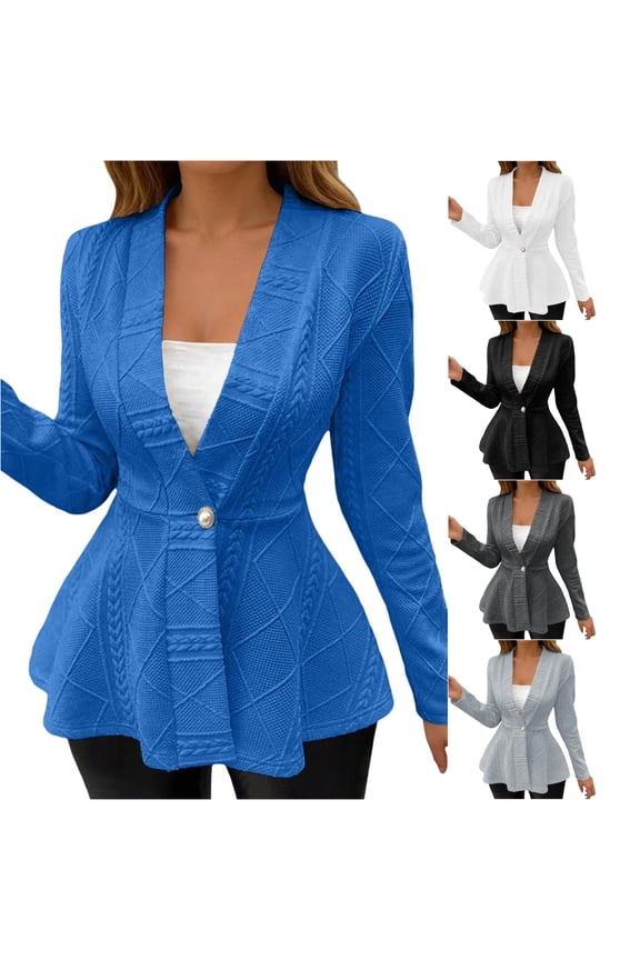 Women Cable Jacquard V Neck Peplum Blazer Single Button Long Sleeve Layering Jacket 1PC S-XXL Plus Size Friendly