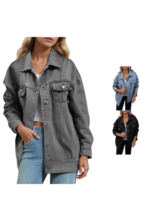 Women Collared Oversized Long Sleeve Denim Jacket Button Down Dual Chest Pocket Loose Casual Jean Coat 1PC S-XXL Plus Size Friendly