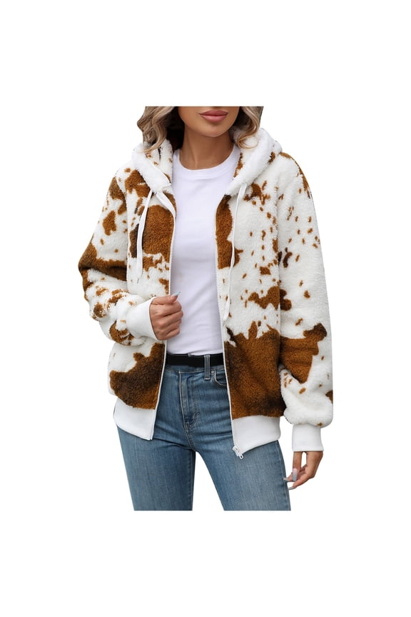 Women Cow Print Hooded Full Zip Arctic Fleece Jacket Long Sleeve Casual Outer Coat With Side Pockets 1pc S-XXL True To Size