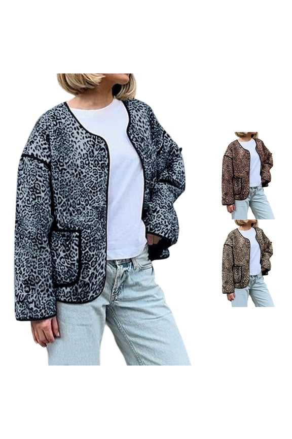 Women Crew Neck Leopard Print Open Front Lightweight Quilted Jacket Long Sleeve Outer Coat With Pockets 1pc S-XL True To Size
