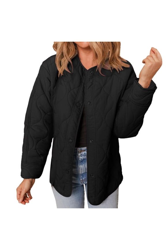 Women Crew Neck Wave Quilted Lightweight Padded Button Down Jacket Dual Side Pocket Casual Fall Layering Coat 1PC S-L