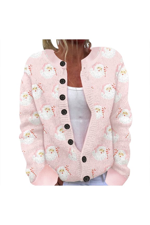 Women Cute Santa Candy Cane Print Crew Neck Button Front Cardigan Long Sleeve Polyester Holiday Jacket 1pc S-5XL True To Size Plus Size Friendly