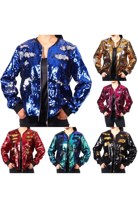 Women Flip Two-Tone Reversible Sequin Baseball Jacket 7 Color Dacron Full Zip Sparkly Stage Nightclub Outerwear 1pc S-XXXL True To Size Plus Size Friendly